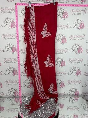Wayan natural wear wrap scarf tie dye Butterfly Print Fringe Scarf in Deep Red